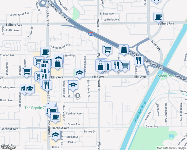 map of restaurants, bars, coffee shops, grocery stores, and more near 10468 Placer River Circle in Fountain Valley