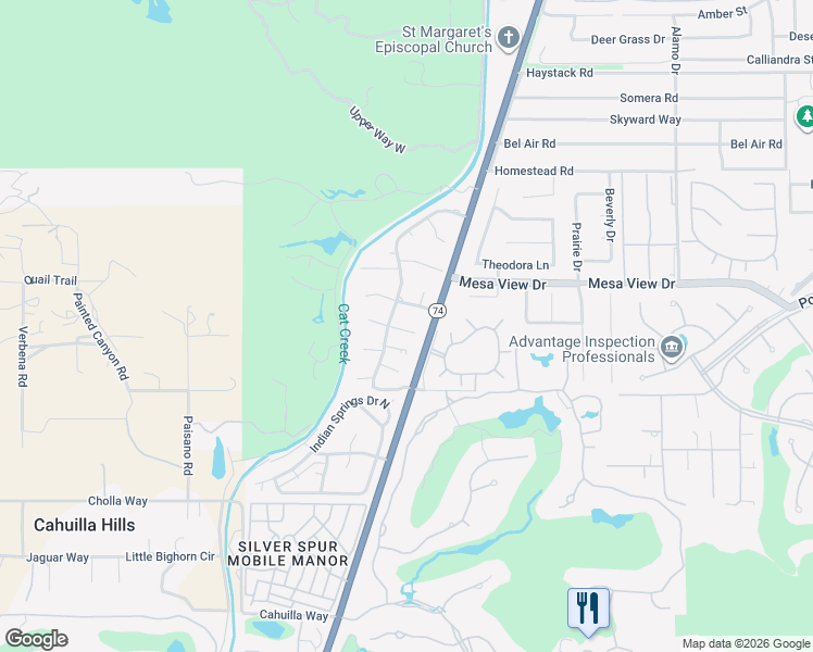 map of restaurants, bars, coffee shops, grocery stores, and more near 48670 Desert Flower Drive in Palm Desert