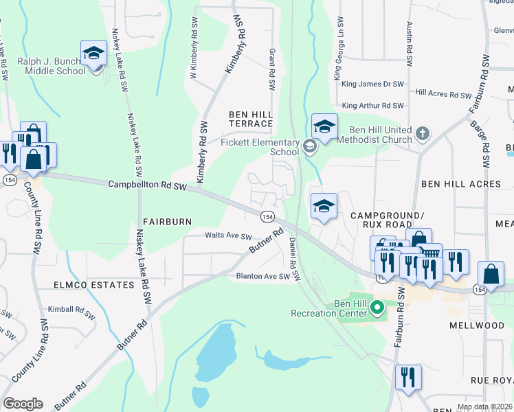 map of restaurants, bars, coffee shops, grocery stores, and more near 4040 Braxton Place Southwest in Atlanta