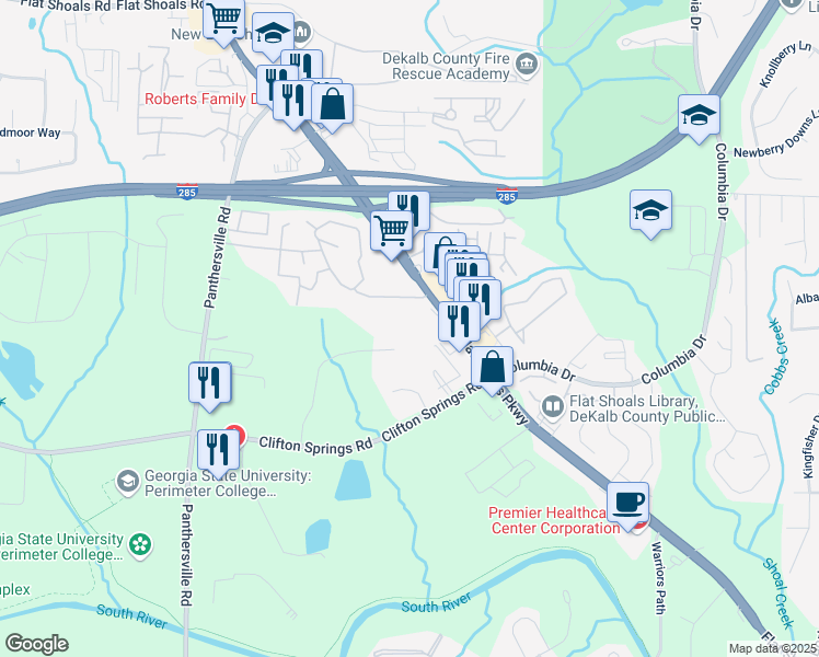 map of restaurants, bars, coffee shops, grocery stores, and more near 3045 North Lanier Parkway in Decatur