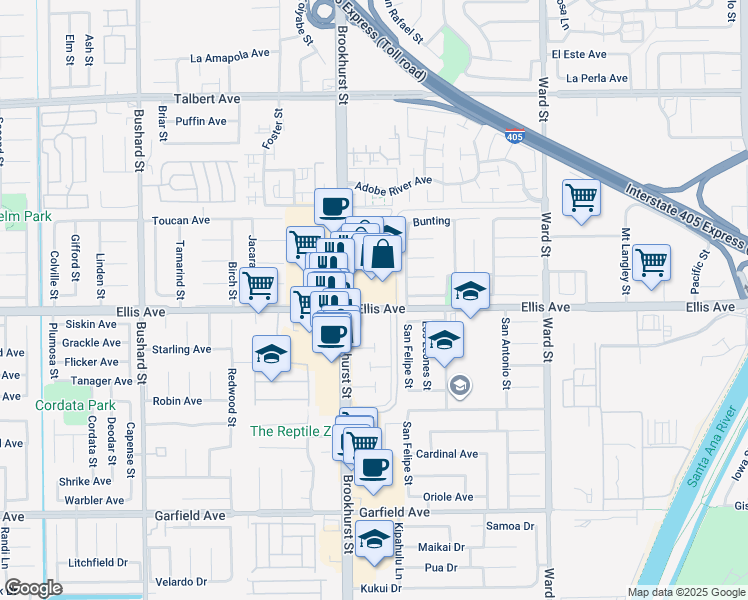 map of restaurants, bars, coffee shops, grocery stores, and more near 10035 Ellis Avenue in Fountain Valley