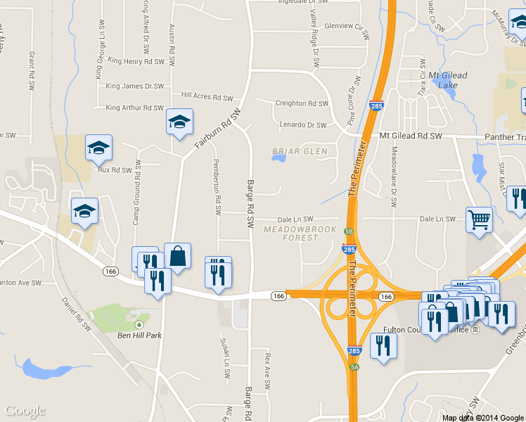 map of restaurants, bars, coffee shops, grocery stores, and more near 3585 Dale Ln SW in Atlanta