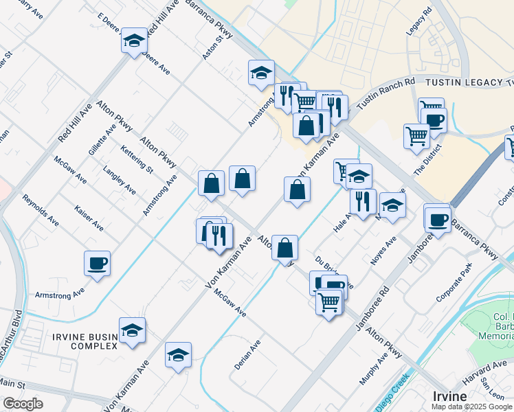 map of restaurants, bars, coffee shops, grocery stores, and more near 16905 Von Karman Avenue in Irvine