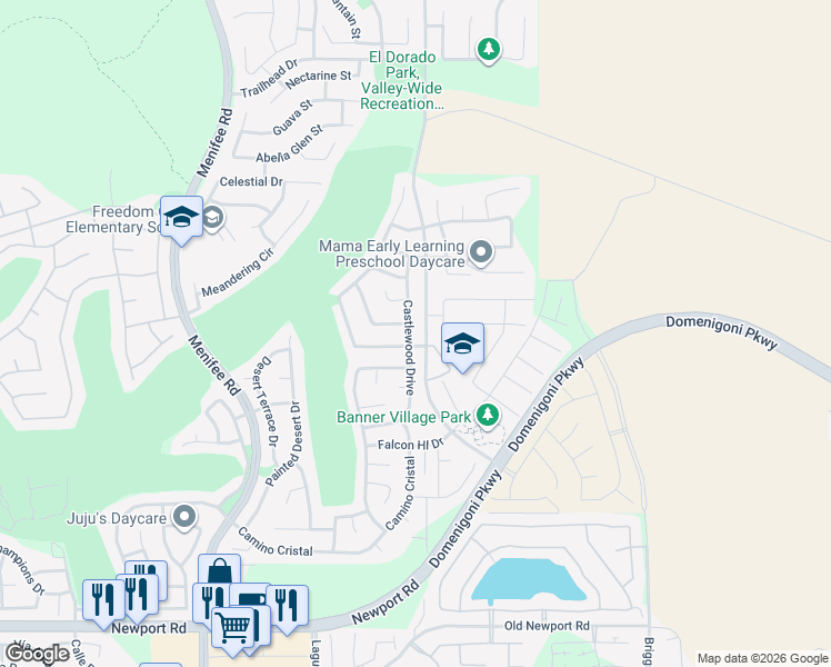 map of restaurants, bars, coffee shops, grocery stores, and more near 29356 Castlewood Drive in Menifee