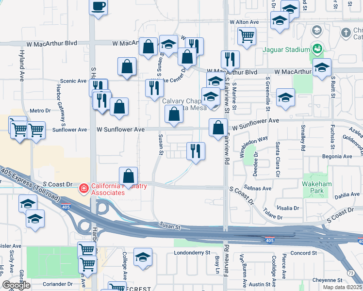 map of restaurants, bars, coffee shops, grocery stores, and more near 1323 Corte Alemano in Costa Mesa