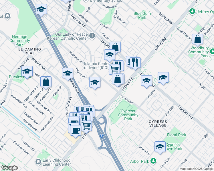 map of restaurants, bars, coffee shops, grocery stores, and more near 610 Roosevelt in Irvine