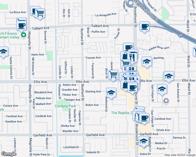map of restaurants, bars, coffee shops, grocery stores, and more near 9667 Ellis Avenue in Fountain Valley