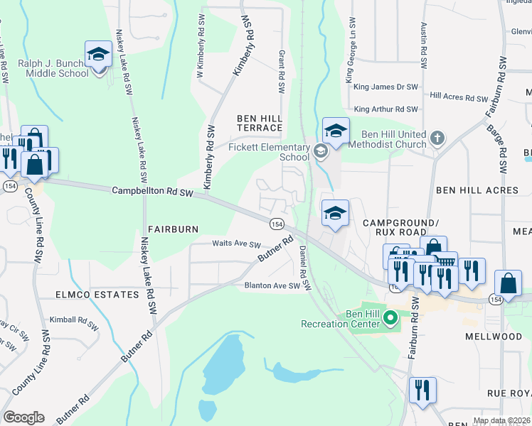 map of restaurants, bars, coffee shops, grocery stores, and more near 4040 Braxton Place Southwest in Atlanta