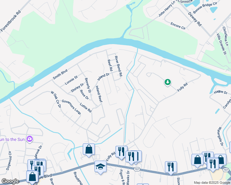 map of restaurants, bars, coffee shops, grocery stores, and more near 602 Reef Road in Myrtle Beach