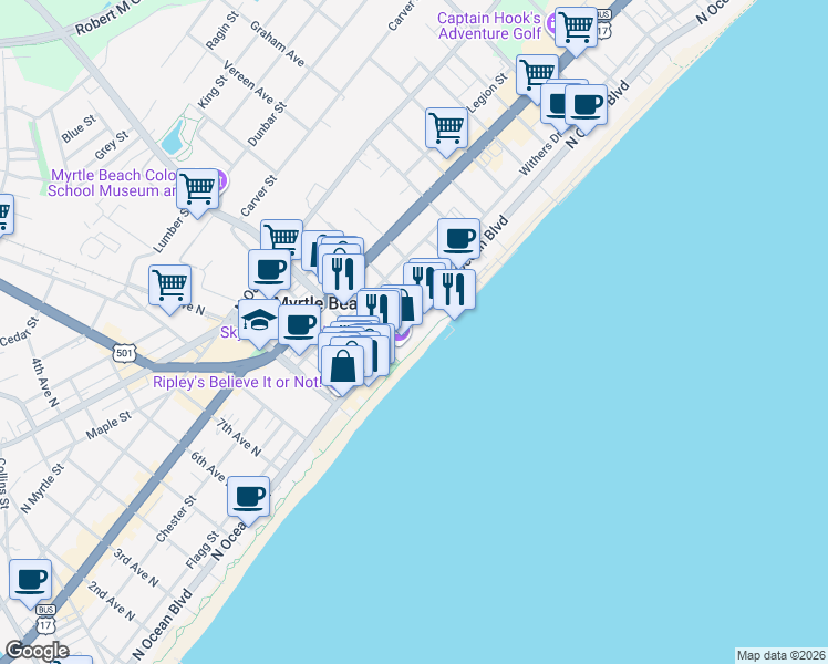 map of restaurants, bars, coffee shops, grocery stores, and more near 1107 North Ocean Boulevard in Myrtle Beach