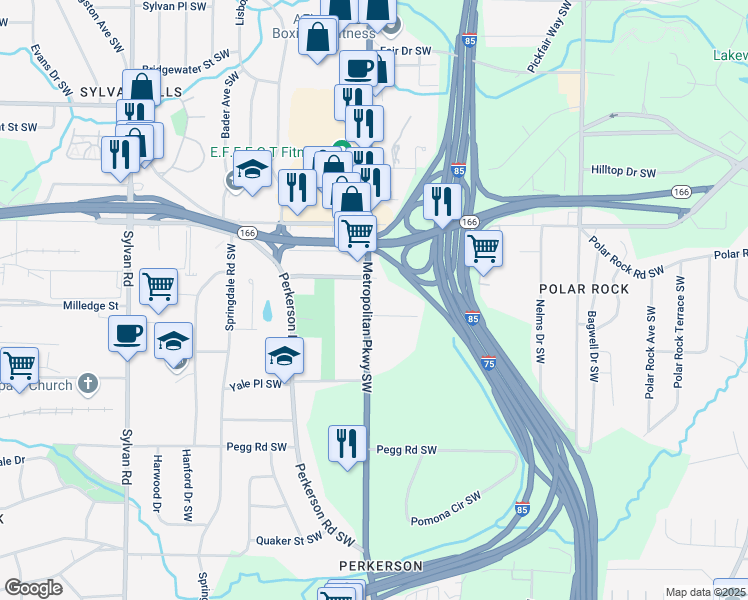 map of restaurants, bars, coffee shops, grocery stores, and more near 2202 Metropolitan Parkway Southwest in Atlanta