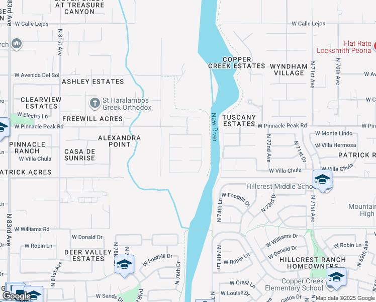 map of restaurants, bars, coffee shops, grocery stores, and more near 7589 West Navigator Lane in Peoria