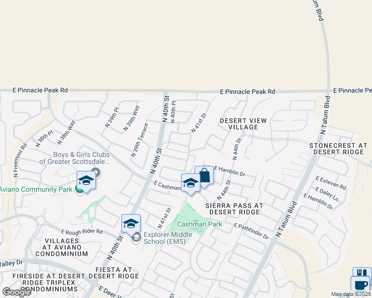 map of restaurants, bars, coffee shops, grocery stores, and more near 4041 East Hashknife Road in Phoenix