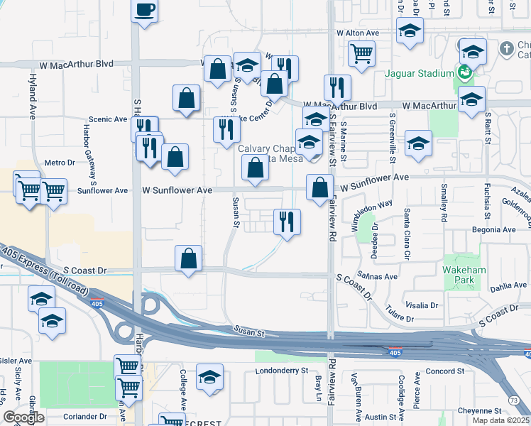 map of restaurants, bars, coffee shops, grocery stores, and more near 3351 Via Trentino in Costa Mesa