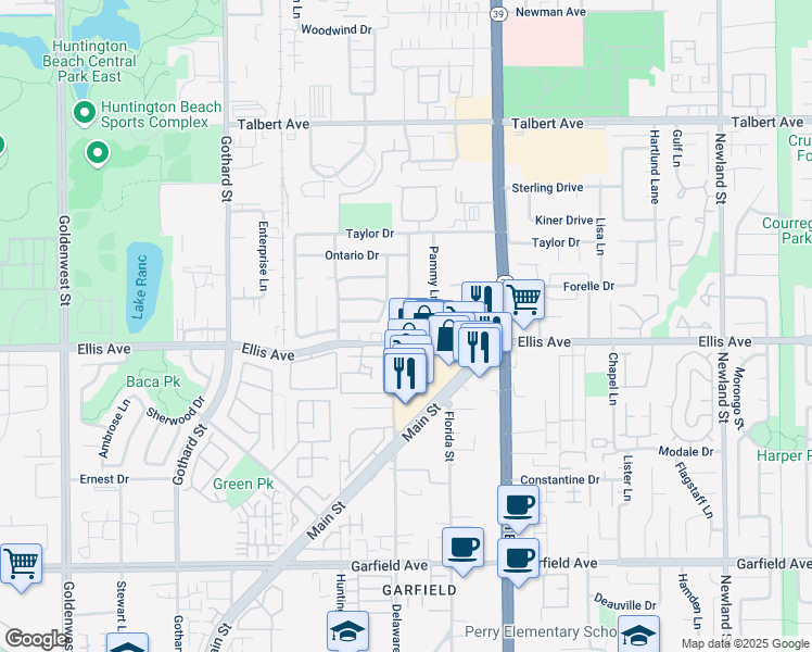 map of restaurants, bars, coffee shops, grocery stores, and more near 18442 Delaware Street in Huntington Beach