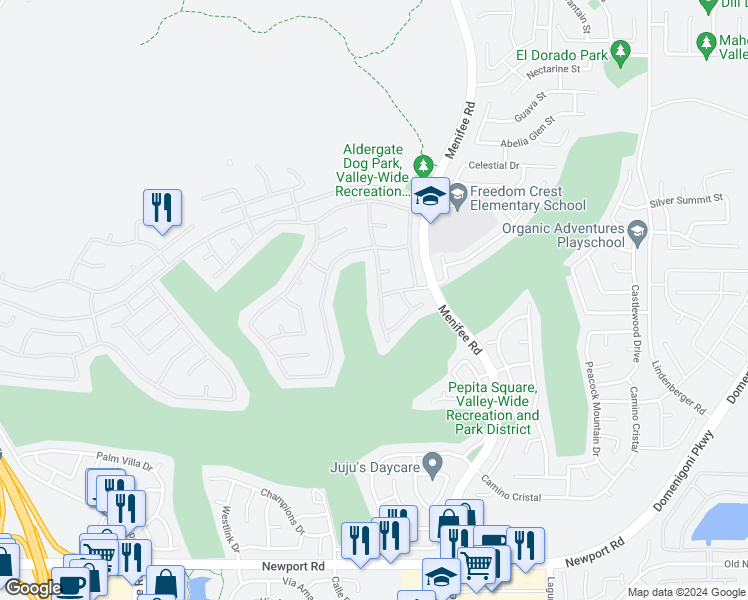 map of restaurants, bars, coffee shops, grocery stores, and more near 29303 Hidden Lake Drive in Menifee