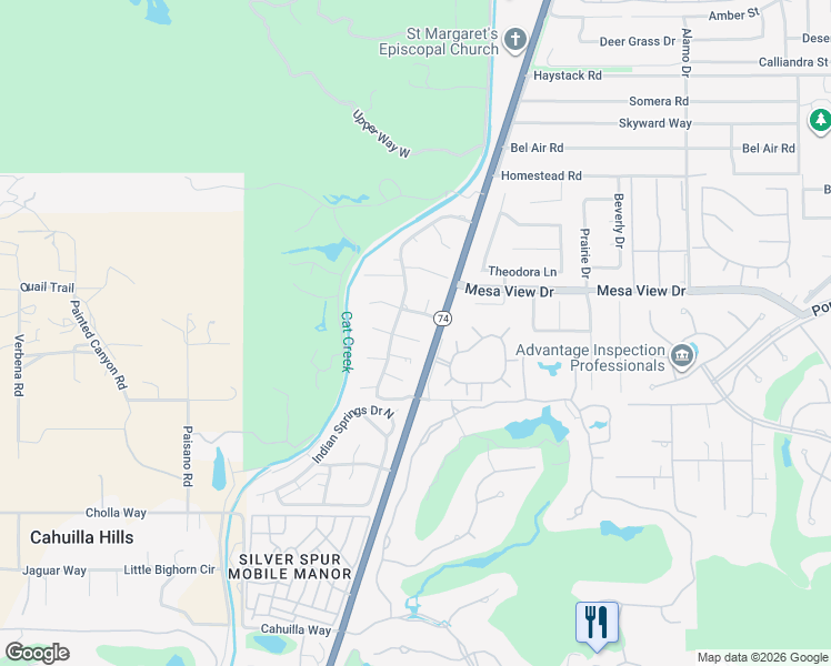 map of restaurants, bars, coffee shops, grocery stores, and more near 48670 Desert Flower Drive in Palm Desert