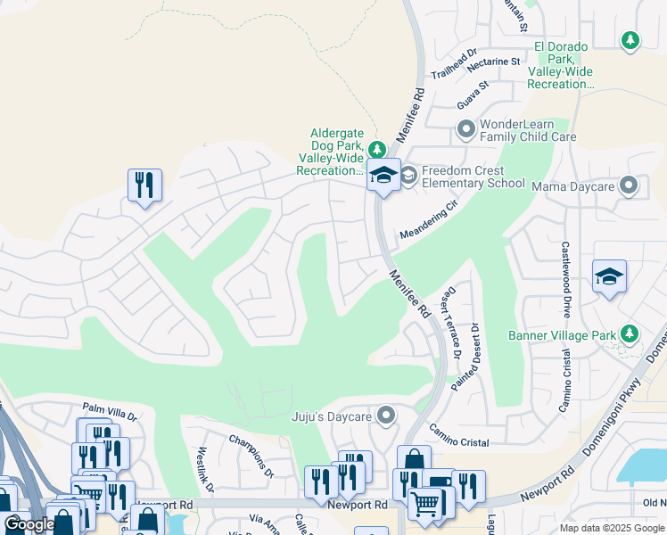 map of restaurants, bars, coffee shops, grocery stores, and more near 29303 Hidden Lake Drive in Menifee