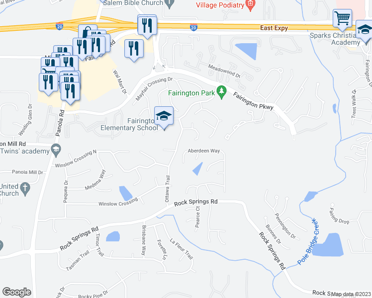 map of restaurants, bars, coffee shops, grocery stores, and more near 2996 Aberdeen Way in Stonecrest