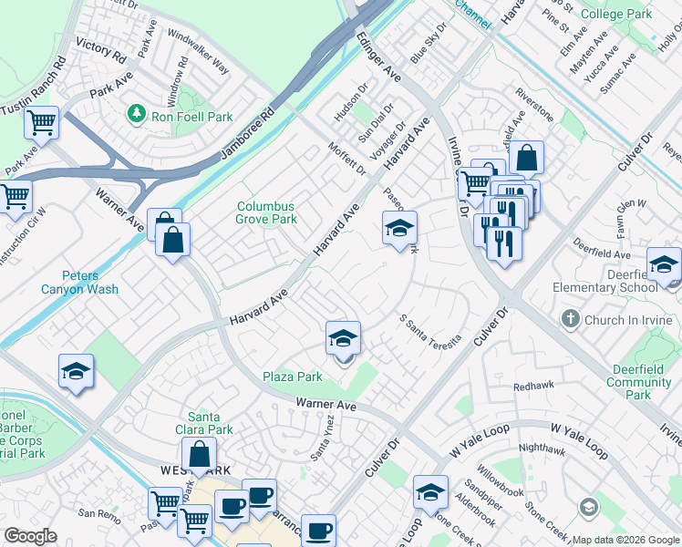 map of restaurants, bars, coffee shops, grocery stores, and more near 3 Ponte in Irvine