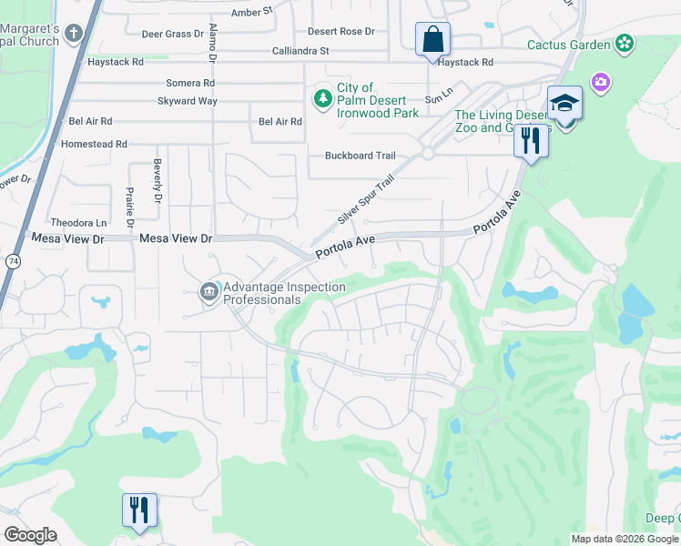 map of restaurants, bars, coffee shops, grocery stores, and more near 73283 Phoebe Court in Palm Desert