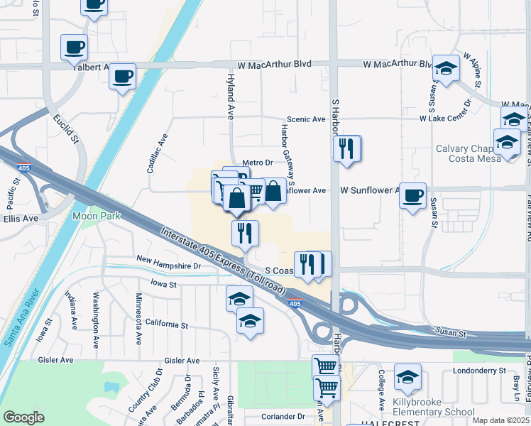 map of restaurants, bars, coffee shops, grocery stores, and more near 1573 Sunland Lane in Costa Mesa