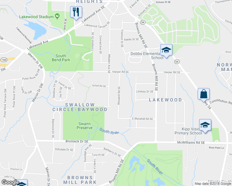 map of restaurants, bars, coffee shops, grocery stores, and more near 2187 Rhinehill Road Southeast in Atlanta