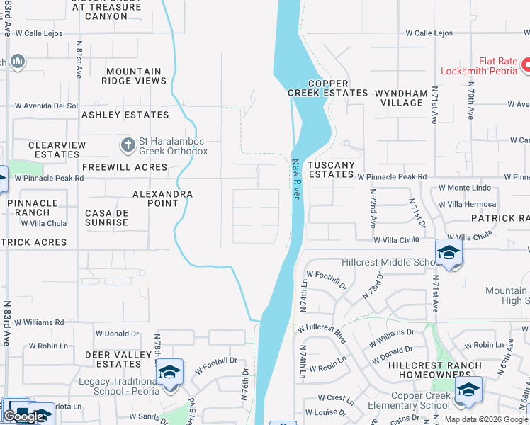 map of restaurants, bars, coffee shops, grocery stores, and more near 7589 West Navigator Lane in Peoria
