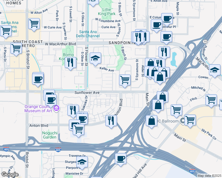map of restaurants, bars, coffee shops, grocery stores, and more near 3921 South Ross Street in Santa Ana