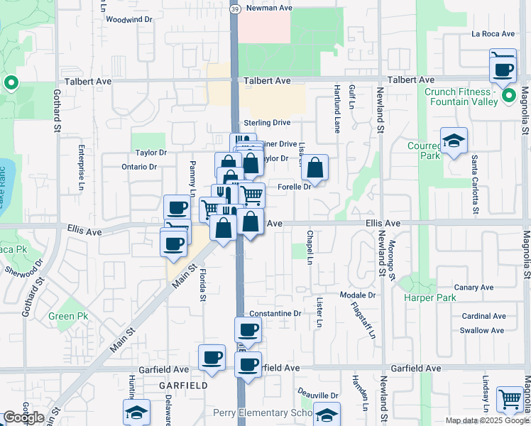 map of restaurants, bars, coffee shops, grocery stores, and more near 8092 La Palma Drive in Huntington Beach