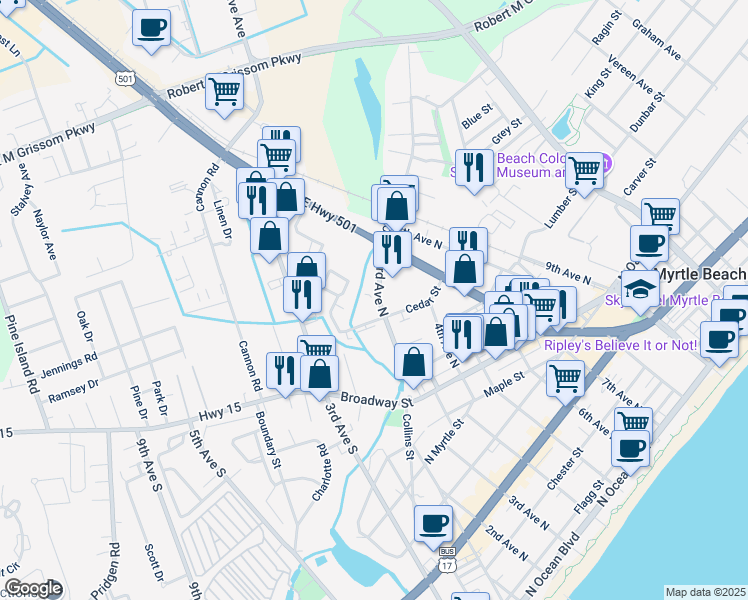map of restaurants, bars, coffee shops, grocery stores, and more near 209 Cedar Street in Myrtle Beach