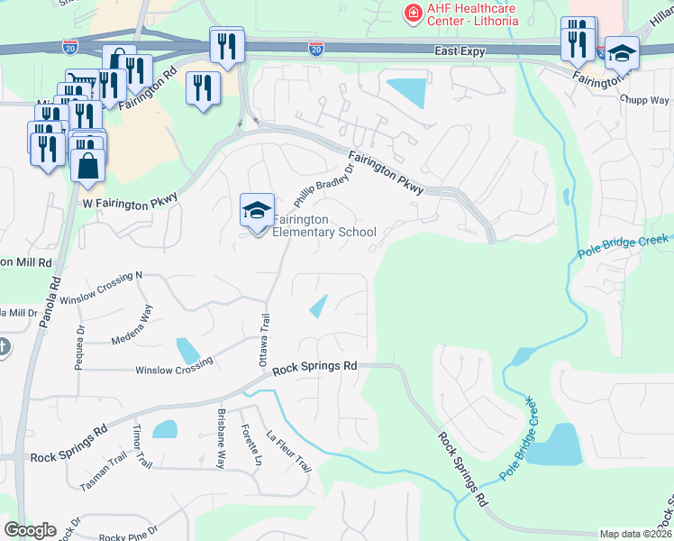 map of restaurants, bars, coffee shops, grocery stores, and more near 3042 Aberdeen Way in Stonecrest