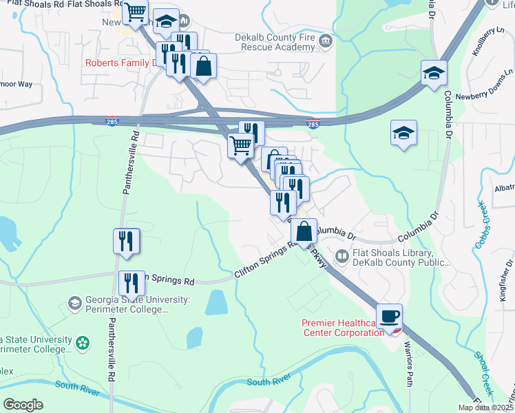map of restaurants, bars, coffee shops, grocery stores, and more near 3045 North Lanier Parkway in Decatur