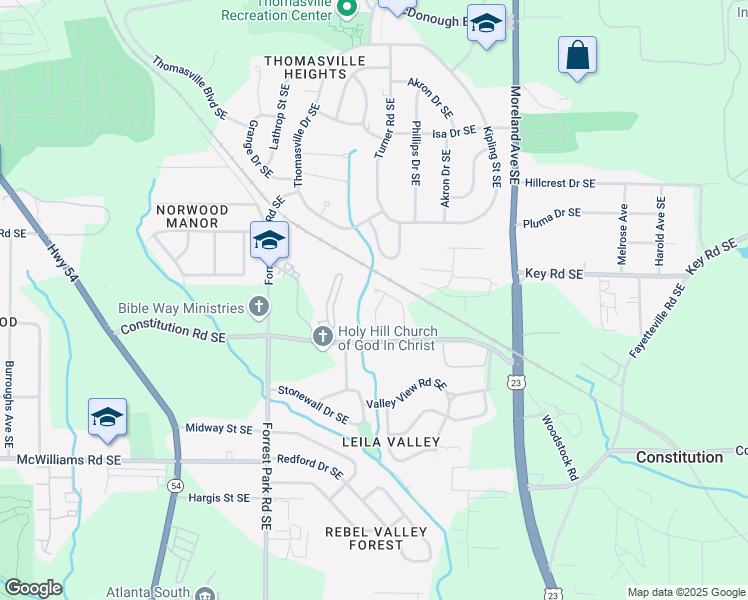 map of restaurants, bars, coffee shops, grocery stores, and more near 1947 Thomasville Estates Drive Southeast in Atlanta