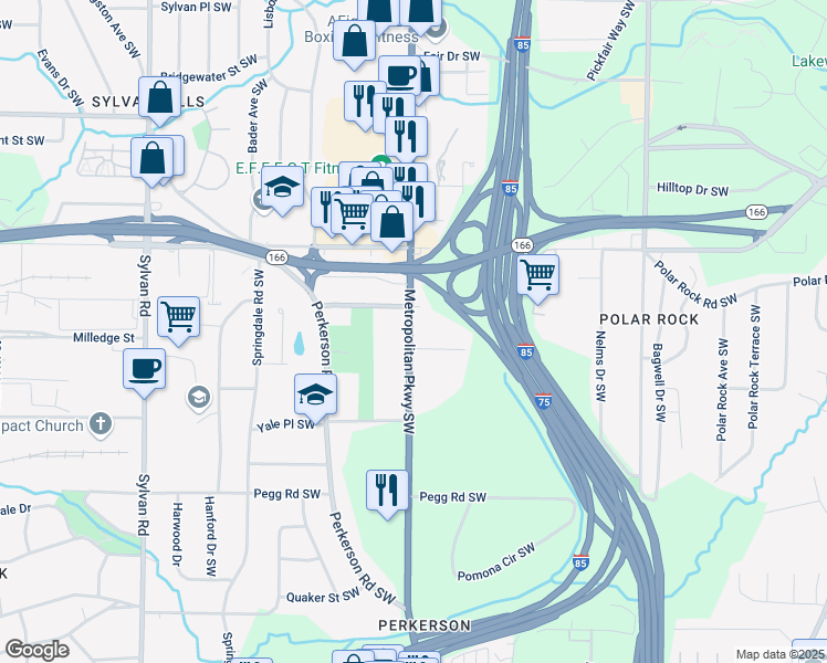 map of restaurants, bars, coffee shops, grocery stores, and more near 2202 Metropolitan Parkway Southwest in Atlanta