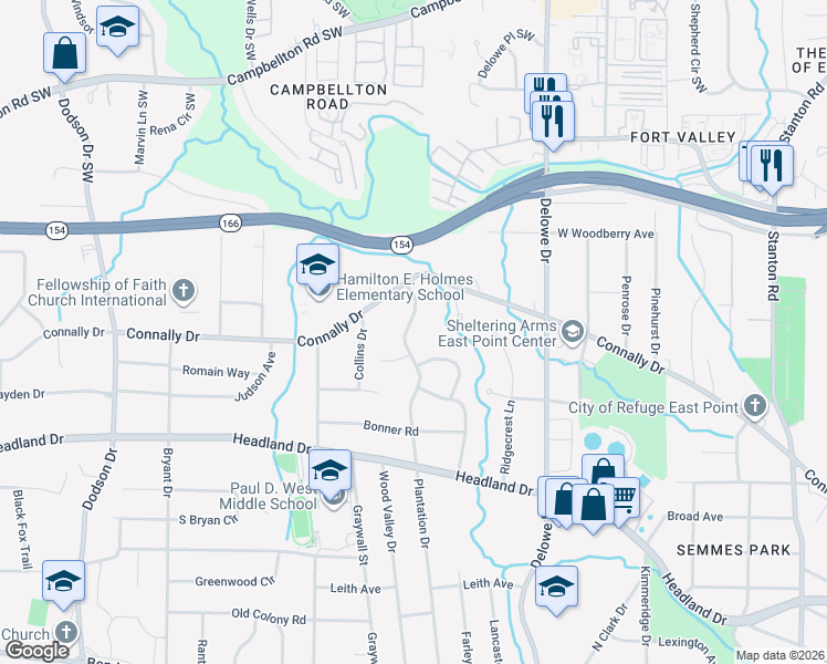 map of restaurants, bars, coffee shops, grocery stores, and more near 2224 Plantation Drive in East Point