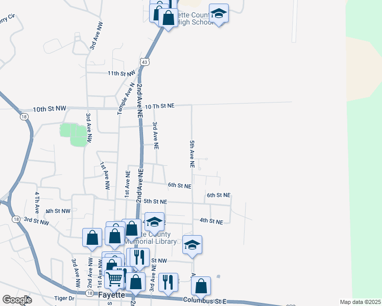 map of restaurants, bars, coffee shops, grocery stores, and more near 400 East Side Appartments in Fayette