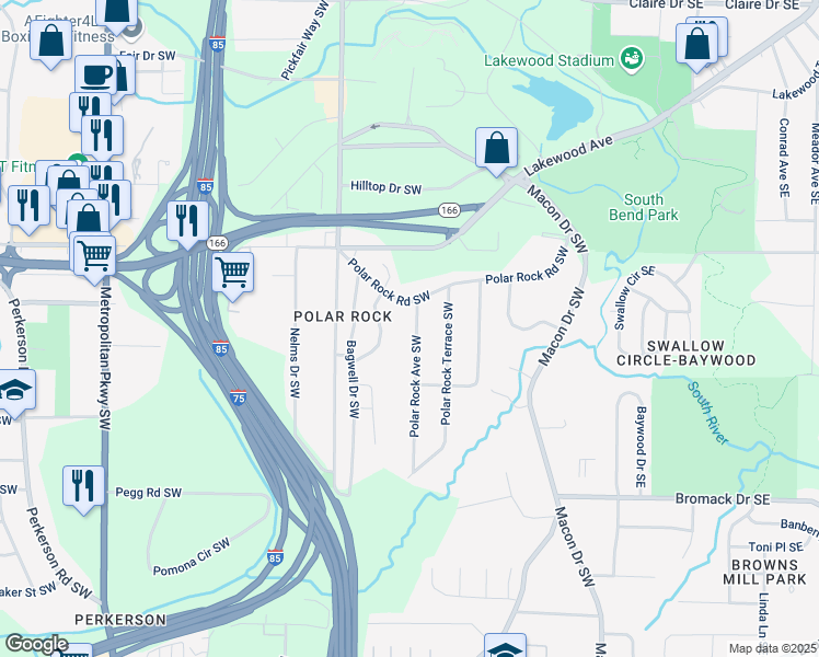 map of restaurants, bars, coffee shops, grocery stores, and more near 2197 Polar Rock Avenue Southwest in Atlanta