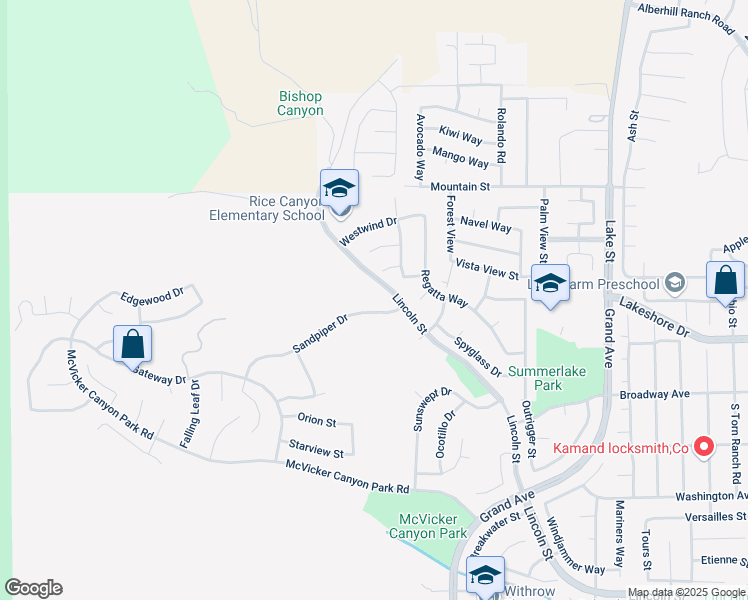 map of restaurants, bars, coffee shops, grocery stores, and more near 29221 Sandpiper Drive in Lake Elsinore