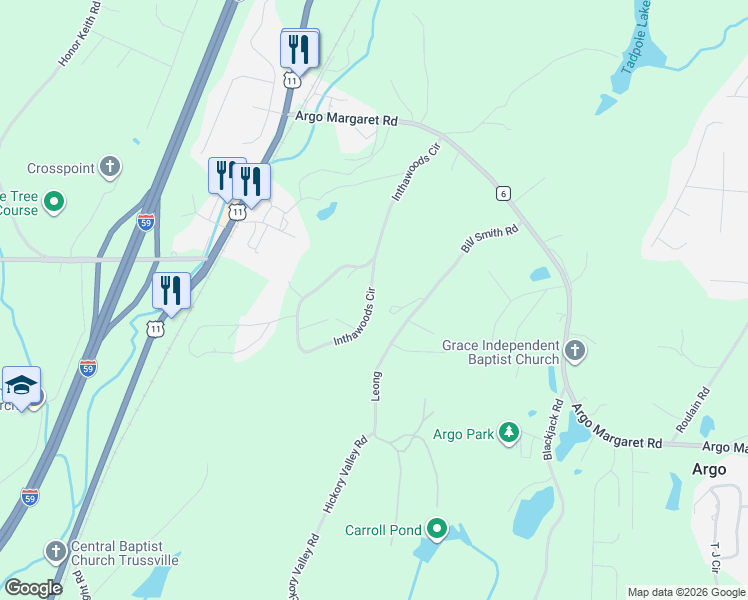 map of restaurants, bars, coffee shops, grocery stores, and more near 678 Inthawoods Circle in Trussville