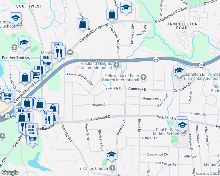 map of restaurants, bars, coffee shops, grocery stores, and more near Connally Drive in Atlanta