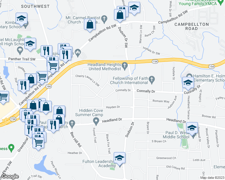 map of restaurants, bars, coffee shops, grocery stores, and more near 2701 Connally Drive in Atlanta