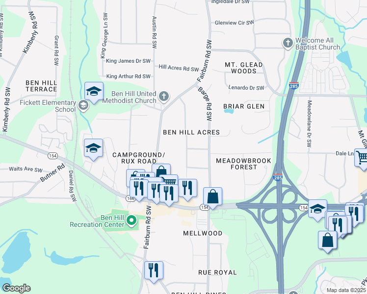 map of restaurants, bars, coffee shops, grocery stores, and more near 2223 Pemberton Road Southwest in Atlanta