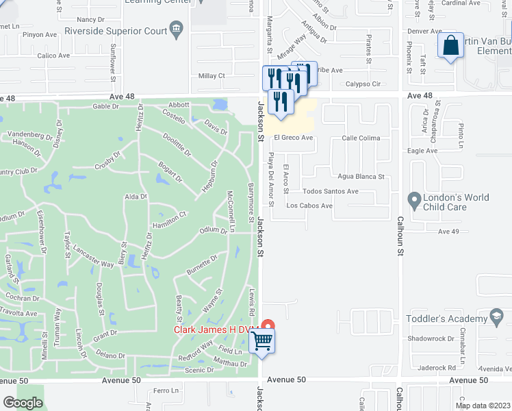 map of restaurants, bars, coffee shops, grocery stores, and more near 48806 Barrymore Street in Indio