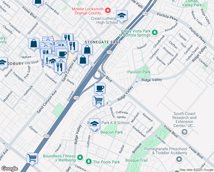 map of restaurants, bars, coffee shops, grocery stores, and more near 155 Fable in Irvine