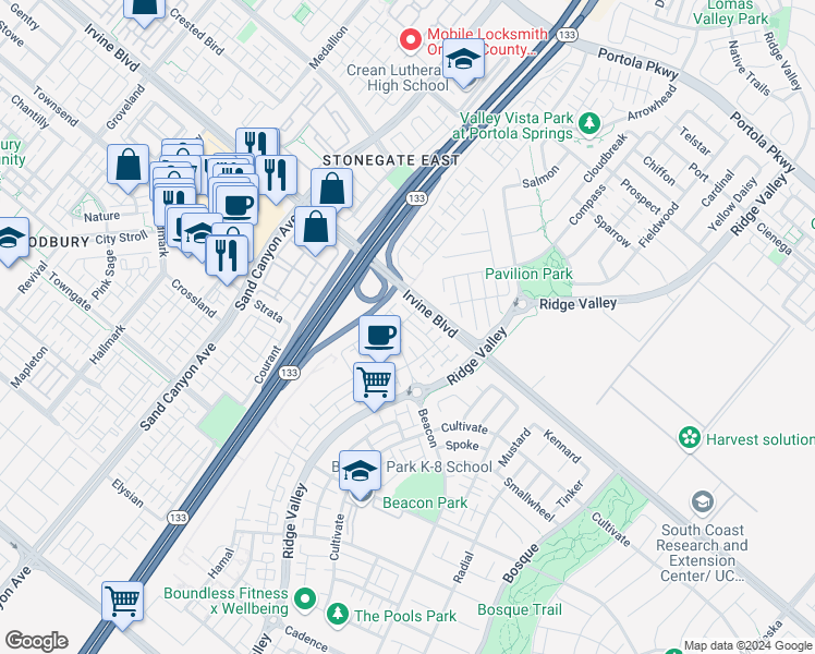 map of restaurants, bars, coffee shops, grocery stores, and more near 104 Tenor in Irvine