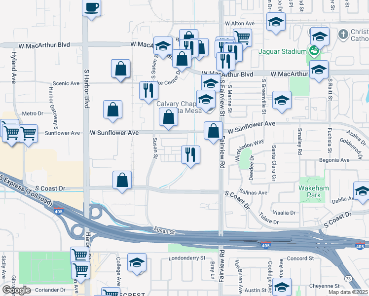 map of restaurants, bars, coffee shops, grocery stores, and more near 3358 Via Trentino in Costa Mesa