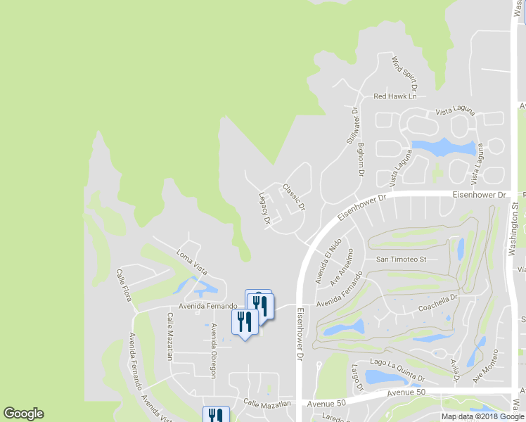 map of restaurants, bars, coffee shops, grocery stores, and more near 48705 Legacy Drive in La Quinta