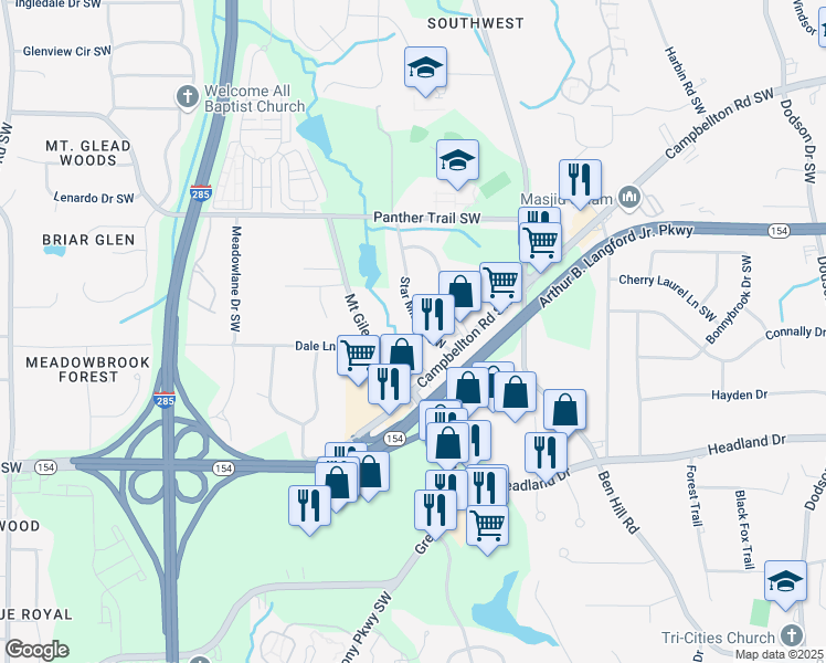 map of restaurants, bars, coffee shops, grocery stores, and more near 2269 Star Mist Drive Southwest in Atlanta
