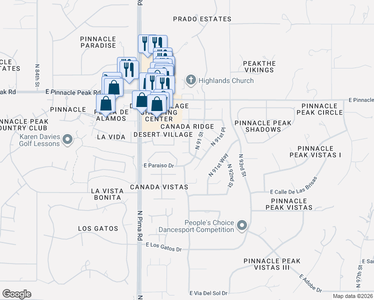 map of restaurants, bars, coffee shops, grocery stores, and more near 9042 East Paraiso Drive in Scottsdale